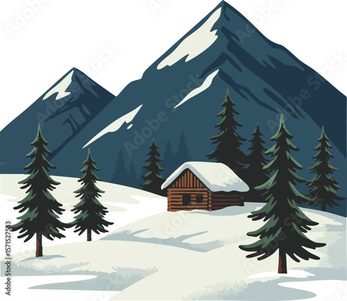 Mountain cabin winter snow landscape with pine trees vector illustration 