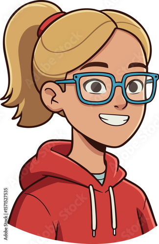Young girl with ponytail wearing glasses and red hoodie smiling cheerful expression vector illustration 