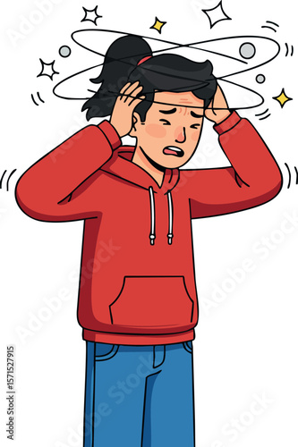 Young woman feeling dizzy and stressed holding head wearing red hoodie and blue jeans vector illustration 
