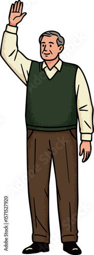 Elderly man waving hand in casual clothing vector illustration with brown and green tones 