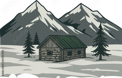 Mountain cabin with pine trees and snow in winter landscape vector illustration 