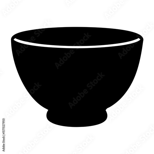 Monochrome Bowl Illustration, Solid Black Silhouette with Curved Lines and Foot
