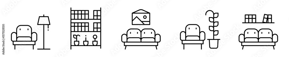 Conjunto de iconos de decoración interior. Muebles y objetos decorativos. Sillón con lámpara, estante con libros, sala, planta, librero