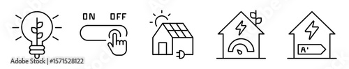 Conjunto de iconos de ahorro energético en casa. Acciones para reducir consumo energético. Foco encendido, apagado, energía solar, conexión y carga eléctrica
