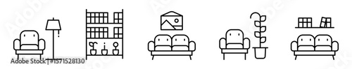 Conjunto de iconos de decoración interior. Muebles y objetos decorativos. Sillón con lámpara, estante con libros, sala, planta, librero