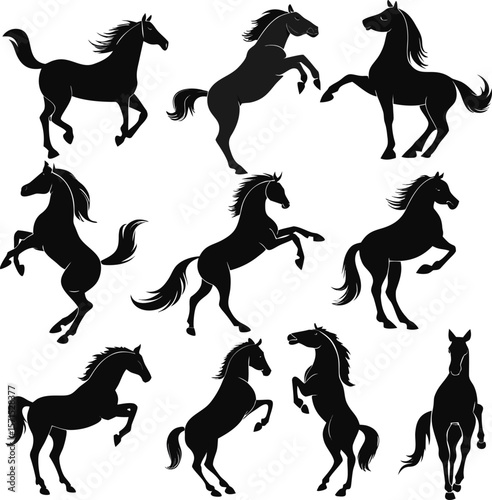 Horse silhouette bundle set vector A collection of 9 black horse silhouettes in various poses, including jumping, standing, sitting, and digital use with white background 