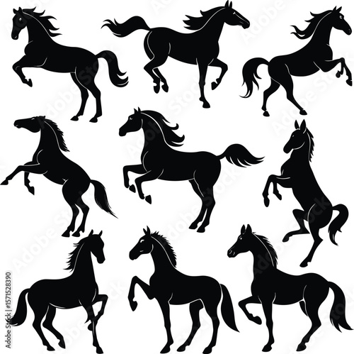 Horse silhouette bundle set vector A collection of 9 black horse silhouettes in various poses, including jumping, standing, sitting, and digital use with white background 