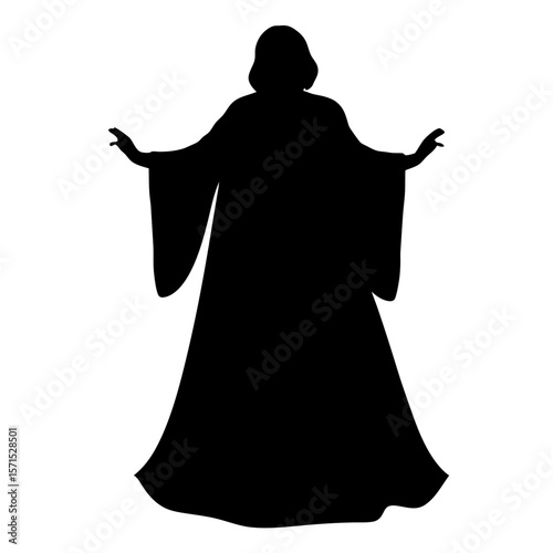 Silhouette of a woman in a robe with outstretched arms and hands