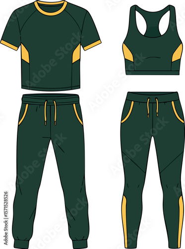 Dark green and yellow activewear set with t-shirt sports bra and pants vector illustration 