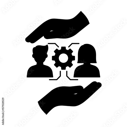 Illustration of people and gear protected by hands on white background