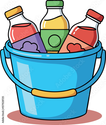 Bottles of juice in blue bucket illustration with red yellow and purple labels vector