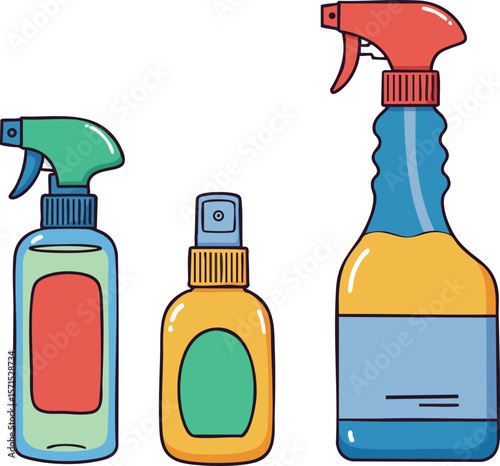 Cleaning spray bottles set with colorful red green and blue nozzles vector illustration 