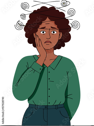 Woman Feeling Dizziness and Confusion with Swirling Lines Above Head Vector Illustration 