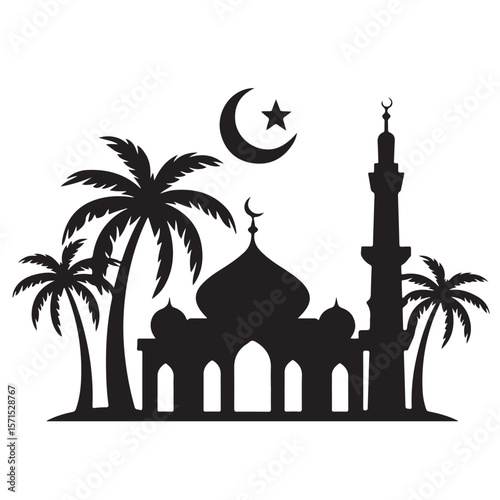 Taj Mahal or mosque vector silhouette, an iconic Asian religious travel landmark illustration