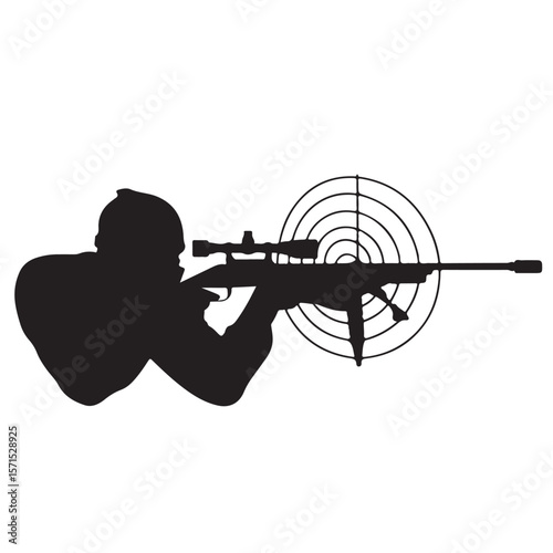 Man or woman aiming rifle or bow at a target, a military soldier silhouette in the shadow, a sport vector illustration for people