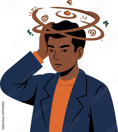 Man experiencing dizziness with spiral symbols around head in thoughtful expression vector illustration 