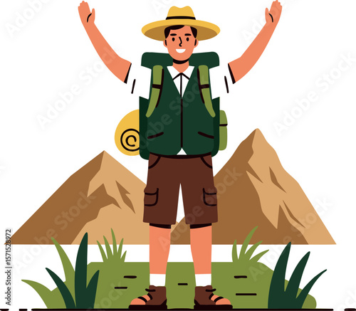 Male hiker with backpack and hat enjoying mountain nature landscape illustration vector 