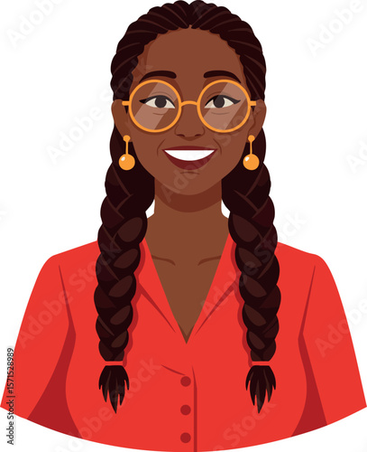 Woman with dark braided hair wearing glasses and red blouse smiling vector portrait 