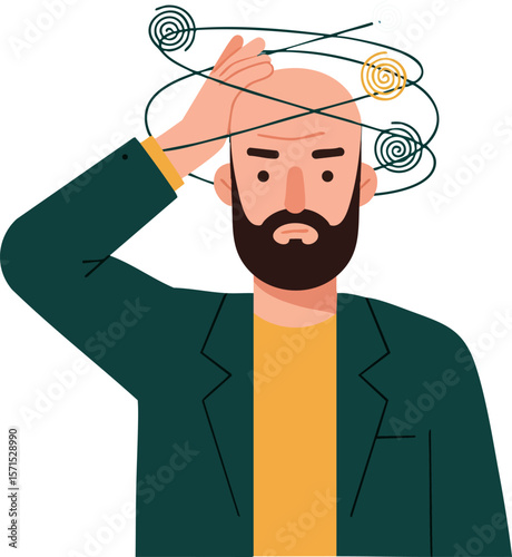 Man experiencing dizziness or confusion with swirling lines vector illustration 