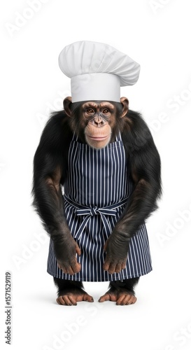 monkey dressed as a chef, wearing an apron and a tall chef’s hat, standing upright on a white background with a friendly and professional expression
