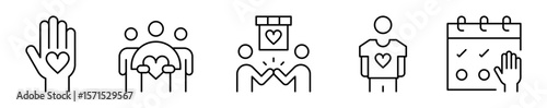Conjunto de iconos de voluntariado. Acciones solidarias. Ayuda, colaboración en equipo, compromiso social, identidad voluntaria y organización de actividades