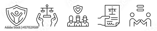 Conjunto de iconos de derechos humanos. Protección y justicia. Seguridad, equidad, protección y unión solidaria. Ilustración vectorial
