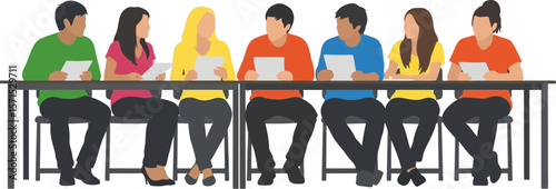Group of people sitting at table holding papers meeting business conference