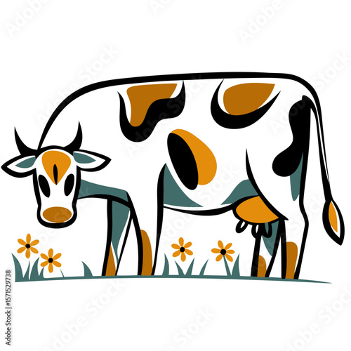 Cartoon cow grazing in a field with flowers and grass  