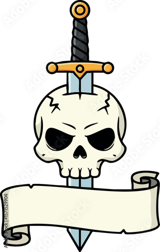 Skull pierced by sword with blank scroll banner for text vector illustration design 
