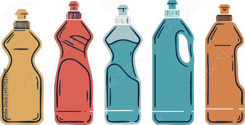 Cleaning detergent bottles in various colors vector illustration set