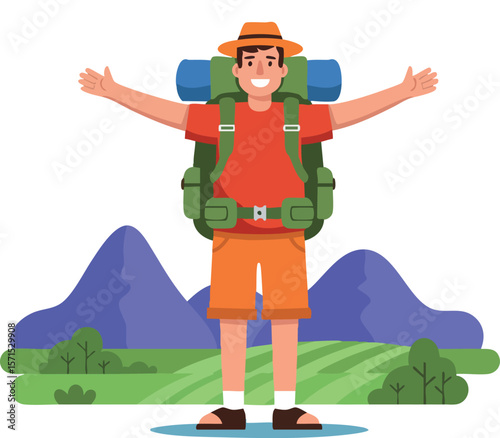 Male hiker with backpack and hat enjoying mountain landscape vector illustration in nature setting 