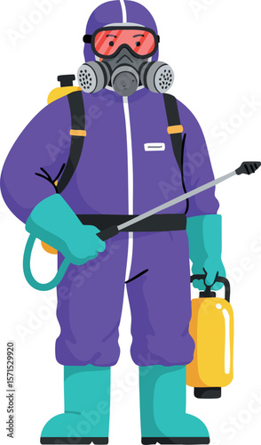 Person in protective hazmat suit with gas mask and sprayer vector illustration 