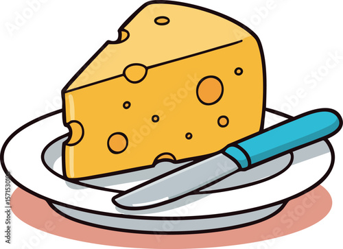 Cheese slice on plate with blue handle knife vector illustration simple food design 