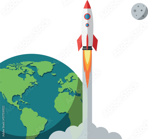 Rocket launching from Earth towards Moon with fire and smoke vector illustration 