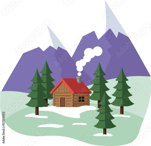 Mountain cabin with pine trees and snow in peaceful winter landscape vector illustration 