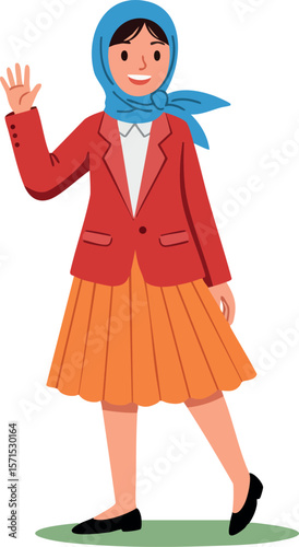 Woman in blue headscarf waving hand wearing red jacket and orange skirt vector illustration 