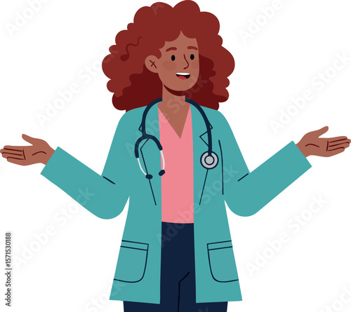 Female doctor with curly hair wearing teal coat and stethoscope vector illustration 