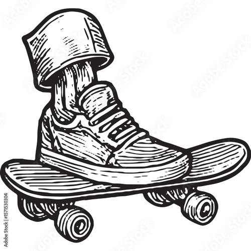 Premium Black and White Skateboard with Shoe Vector Art Illustration