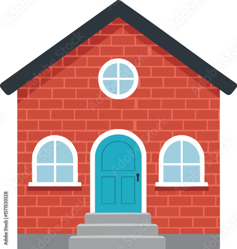 Red brick house with blue door and arched windows simple residential building vector illustration 