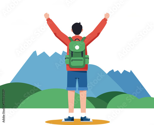 Hiker with green backpack celebrating outdoors in mountain landscape vector illustration 