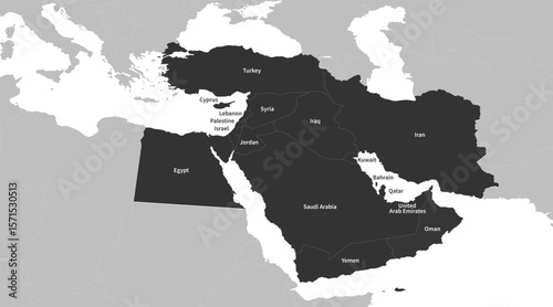 Middle East detailed territories. Map of the Middle East with a country name. Vector