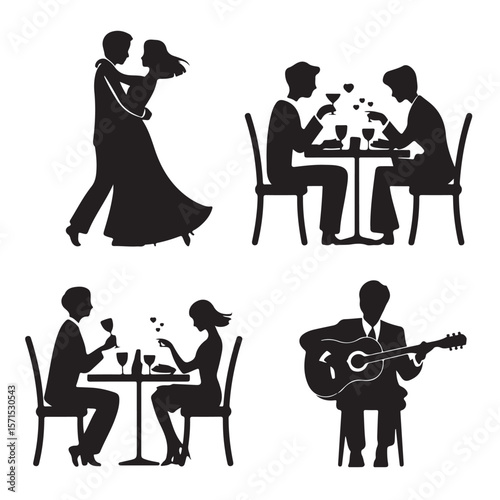 Silhouettes of people at a cafe, including a woman with coffee, a couple, and musicians with guitars, form an engaging vector illustration
