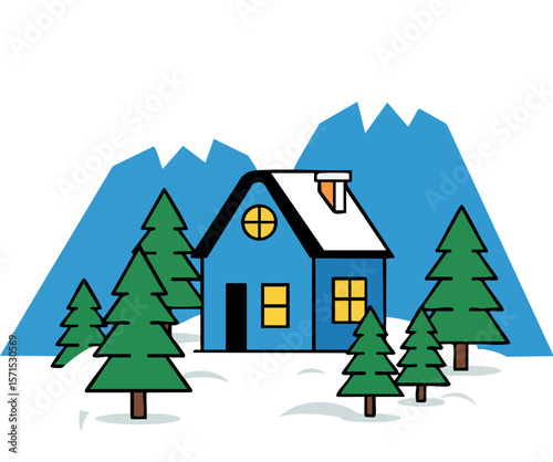Mountain cabin surrounded by pine trees with snowy landscape and blue sky vector illustration 