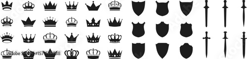 Crown silhouette collection, royal luxury crown set. Swords in flat style. Ancient and medieval swords, shields