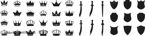Crown silhouette collection, royal luxury crown set. Swords in flat style. Ancient and medieval swords, shields