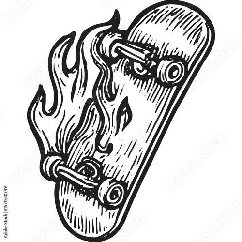 Premium Black and White Skateboard with Flame Graphic Vector Art