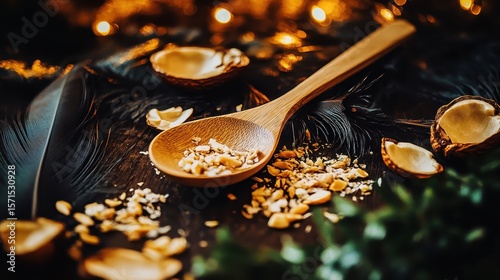 Wooden Spoon with Nuts and Garnishes on Rustic Table Decor