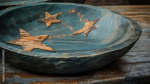 Wooden Stars on Blue Decorative Bowl with Rustic Calming Vibes