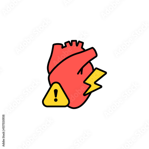 Red anatomical heart with warning icon and lightning, showing health concerns in simple design.