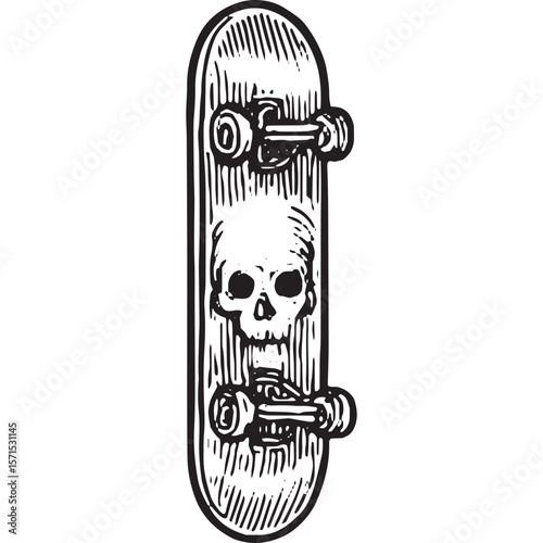Premium Black and White Skateboard Deck with Skull Graphic Vector Art